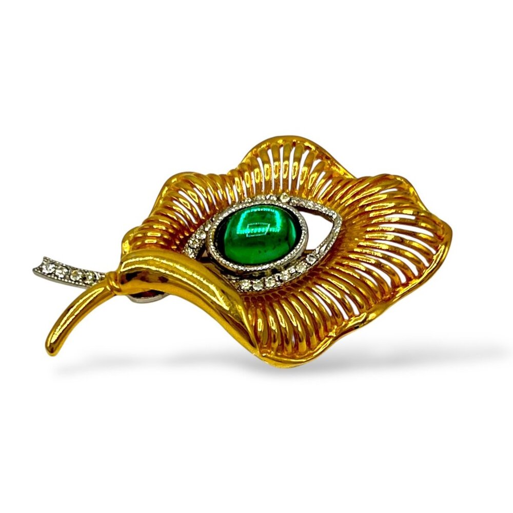 ACCESSOCRAFT Runway Signed Gold Green Evil Eye Rhinestone Filigree Brooch Vtg